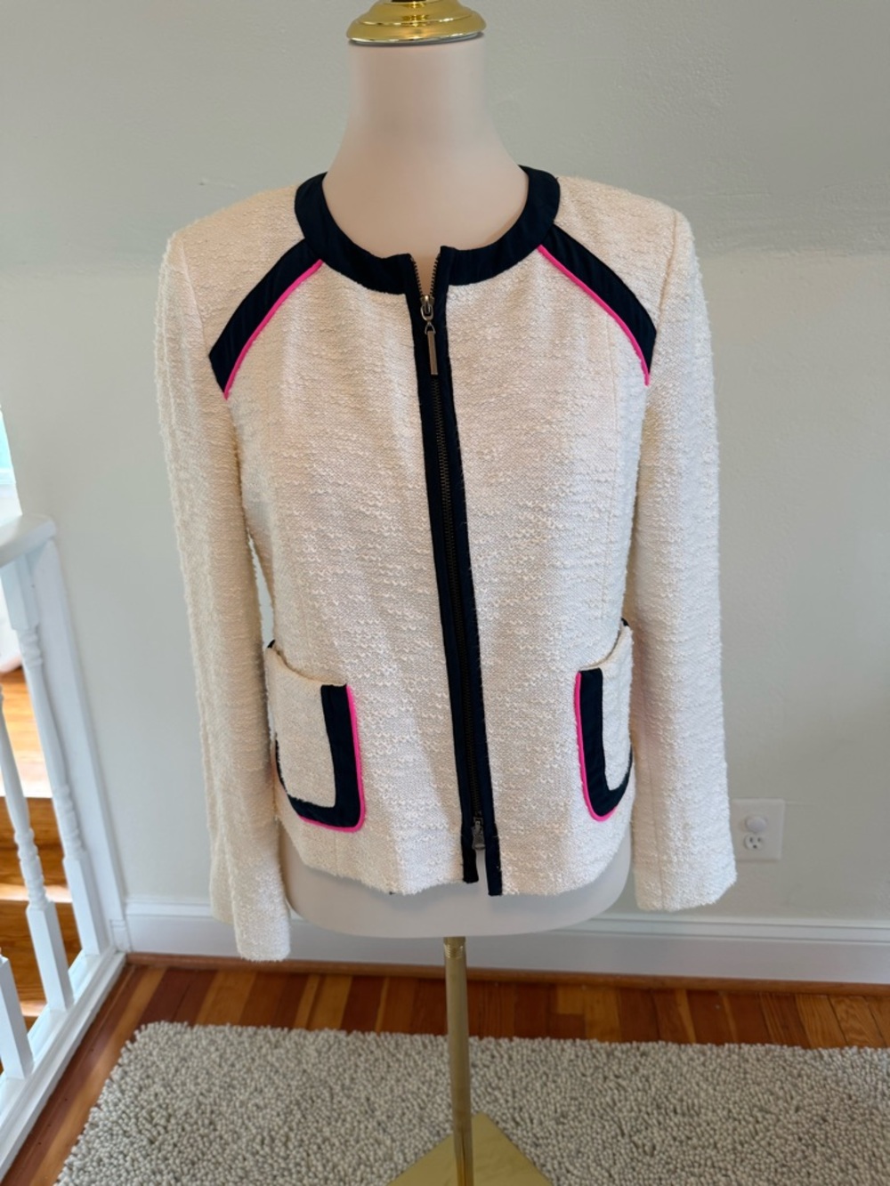Nanette Lepore Cotton Cream Tweed Zip Jacket with Black and Pink Trim Size 10